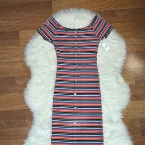 striped off the shoulder bodycon dress